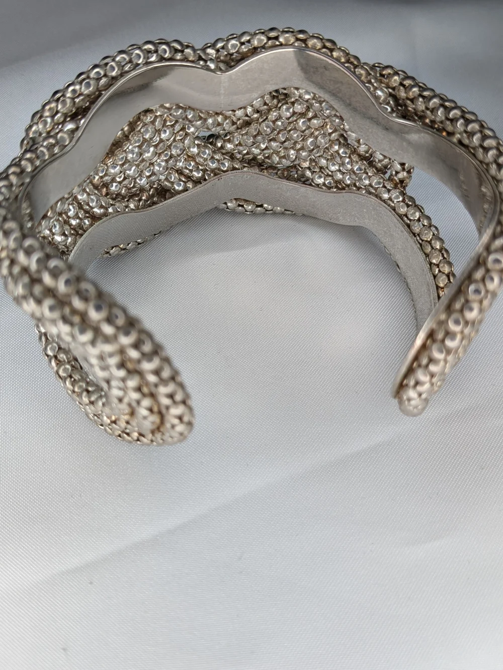 Silver Tone Woven Knot Flexible Cuff Bracelet Textured Caviar Bead Statement